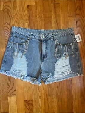 Frayed Light Blue Denim Jean Shorts with Chain Fringe